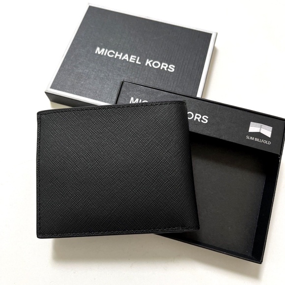 NWT MICHAEL KORS Solid Black Slim Billfold Wallet w/ Metal Logo – Boxed Gift - Picture 3 of 6